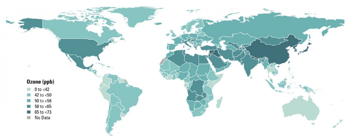 Figure 4. 2017 population weighted seasonal 8-hour average concentration of ozone in ppb. (State of Global Air 2019)