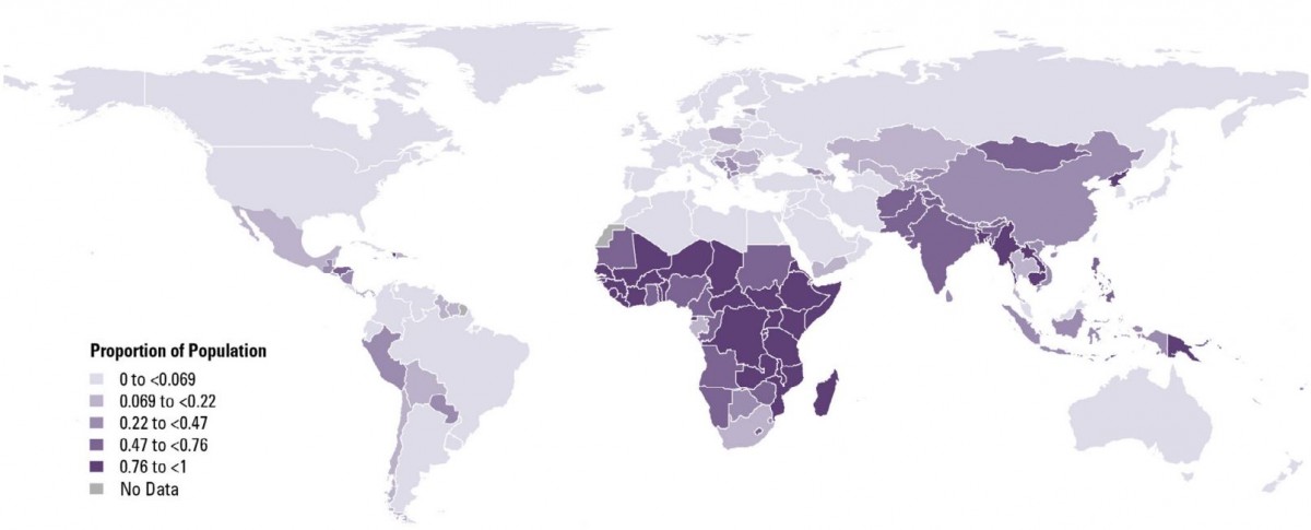 Figure 5. 2017 proportion of the population by country exposed to household air pollution as measured by solid fuels used for cooking. (State of Global Air 2019)