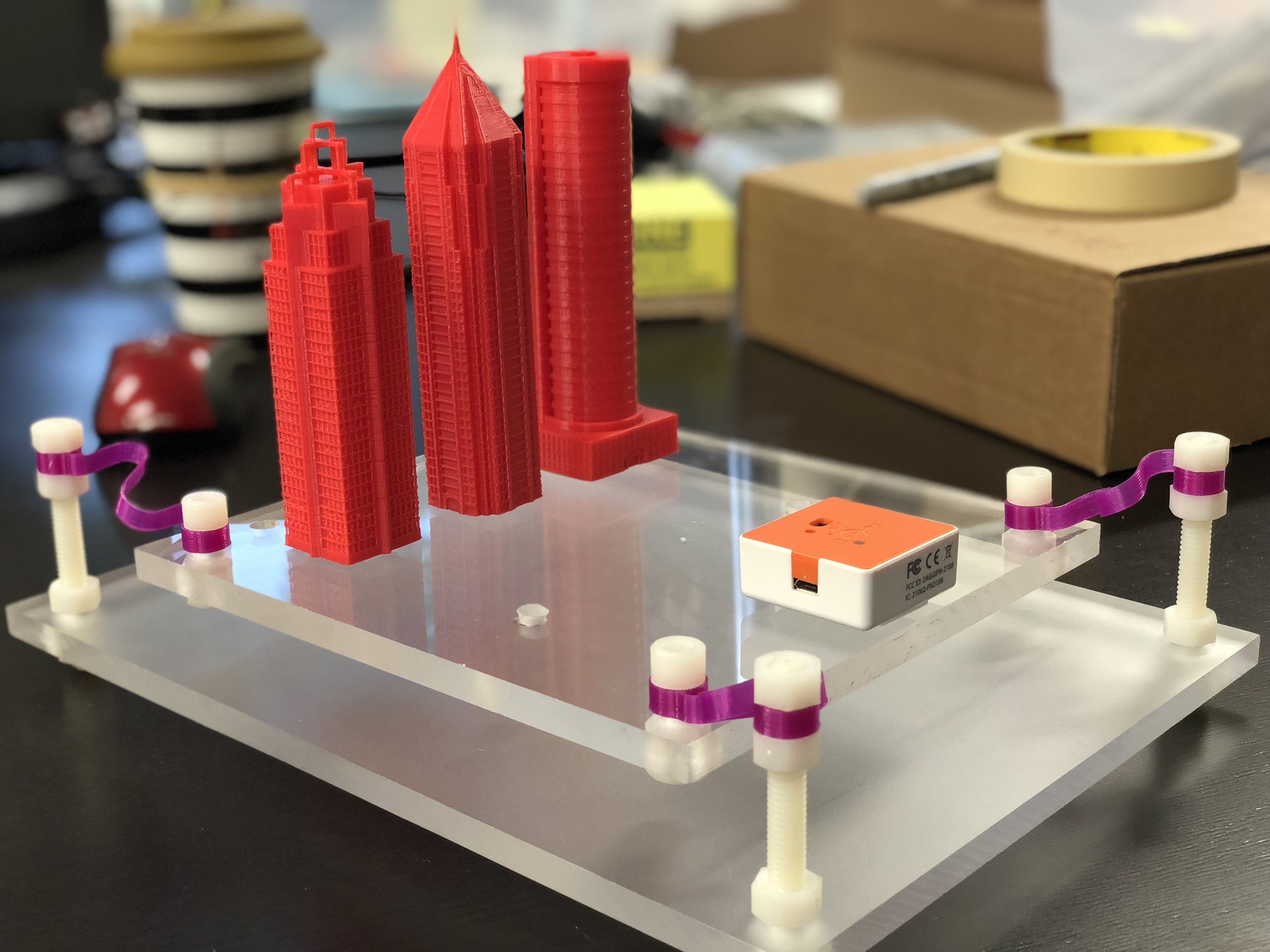 PocketLab Shake Table with 3D printed buildings of Atlanta skyline. 