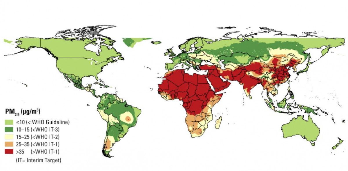 Figure 3. 2017 annual average PM2.5 concentrations relative to the World Health Organizations annual average guideline value and interim targets in micrograms per metre cubed. (State of Global Air 2019)